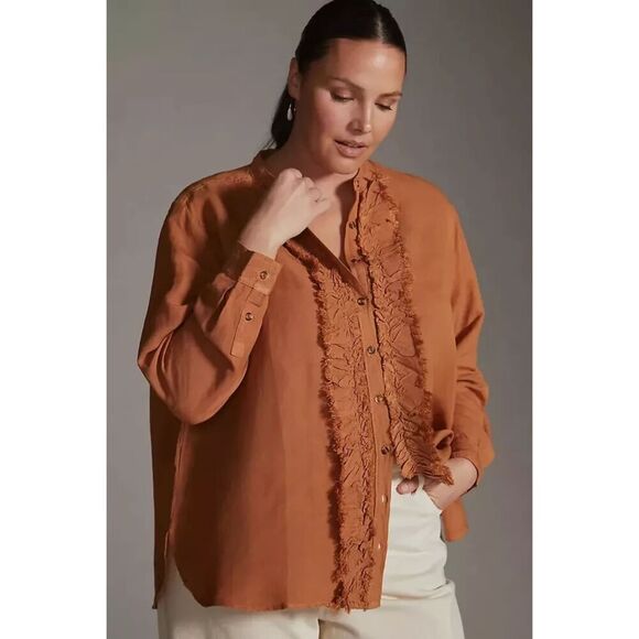 NWT Pilcro by Anthropologie Honey Brown Ruffle Linen Button Down Blouse size 2X - Picture 1 of 12
